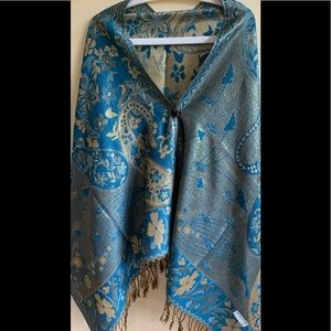 New Two Tones Reversible Blue & Gold Floral Print Pashmina Scarf•shawl•Wraps